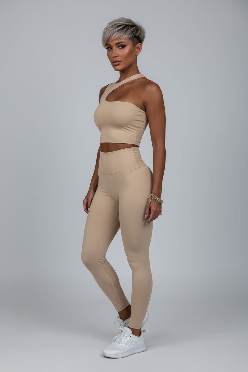 Women’s khaki one shoulder crop top with soft stretch activewear fit - AresFit