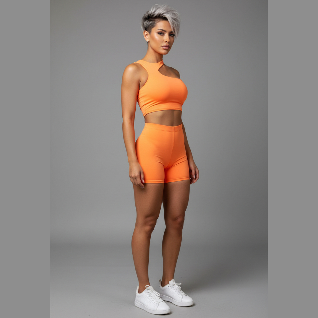 Women’s orange one shoulder crop top front view with fitted activewear style - AresFit