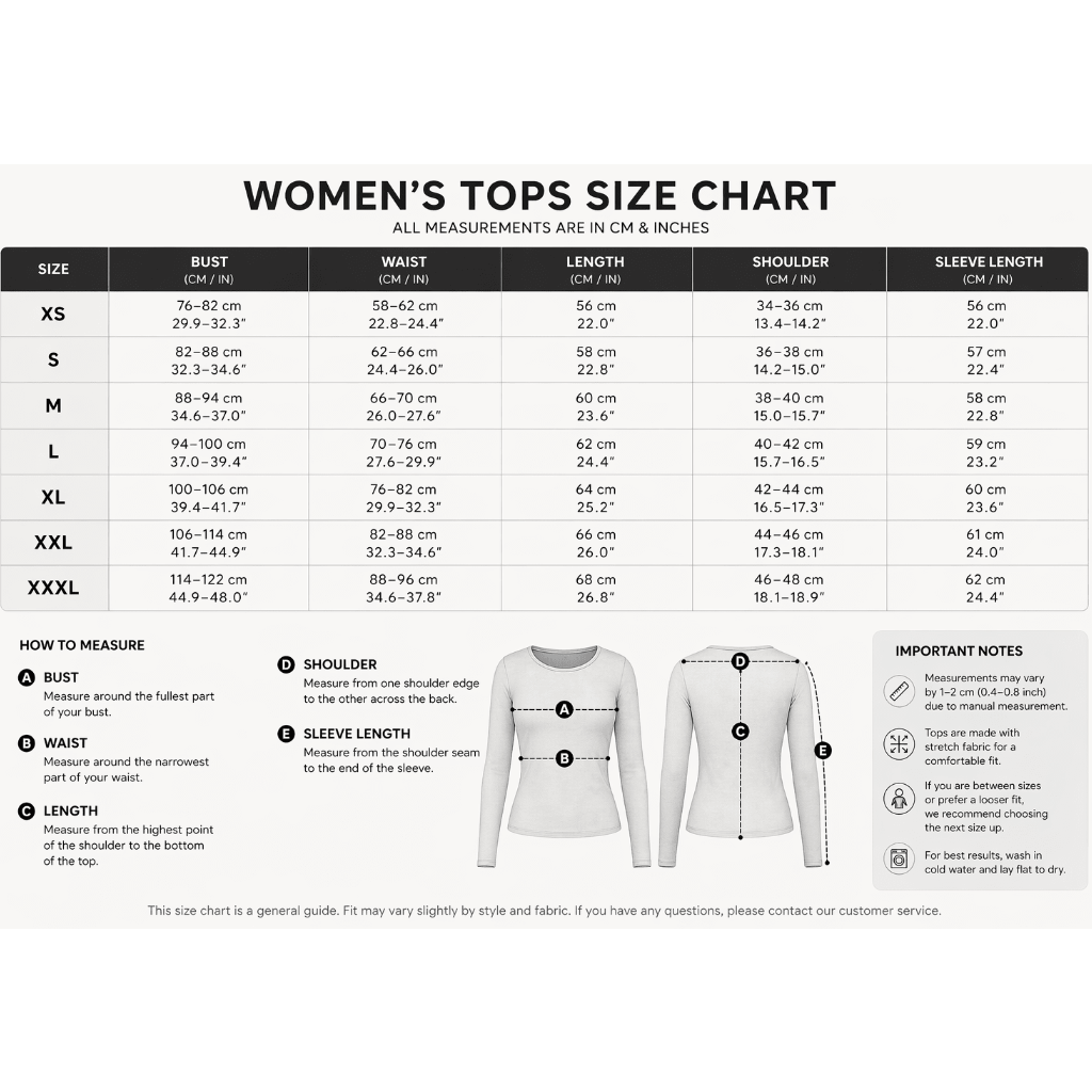 Women's one shoulder crop top size chart with bust waist shoulder and sleeve measurements - AresFit