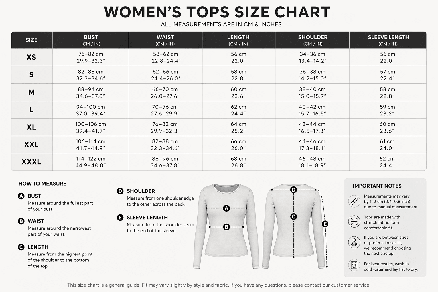Women's one shoulder crop top size chart with bust waist shoulder and sleeve measurements - AresFit