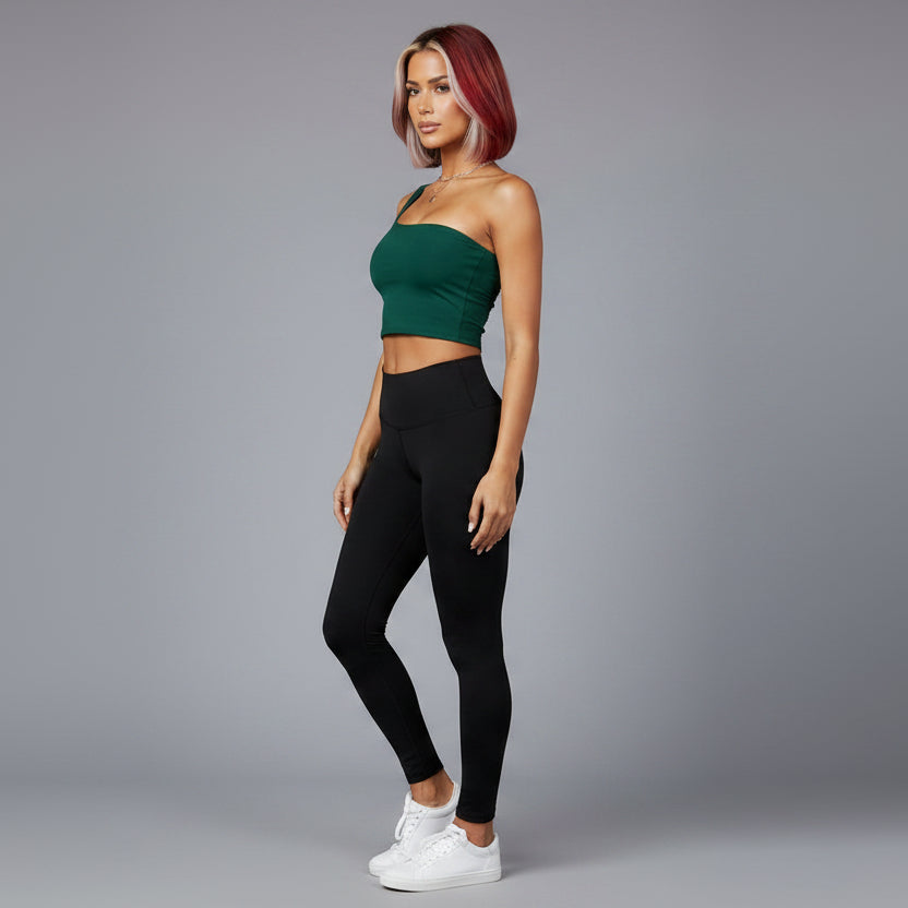 Women’s dark green one shoulder seamless gym top with fitted cropped style - AresFit
