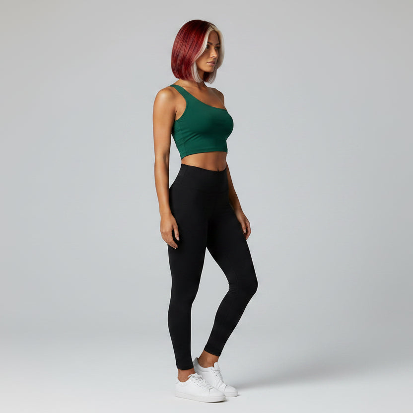 Women’s green one shoulder gym workout top with cropped athletic fit - AresFit