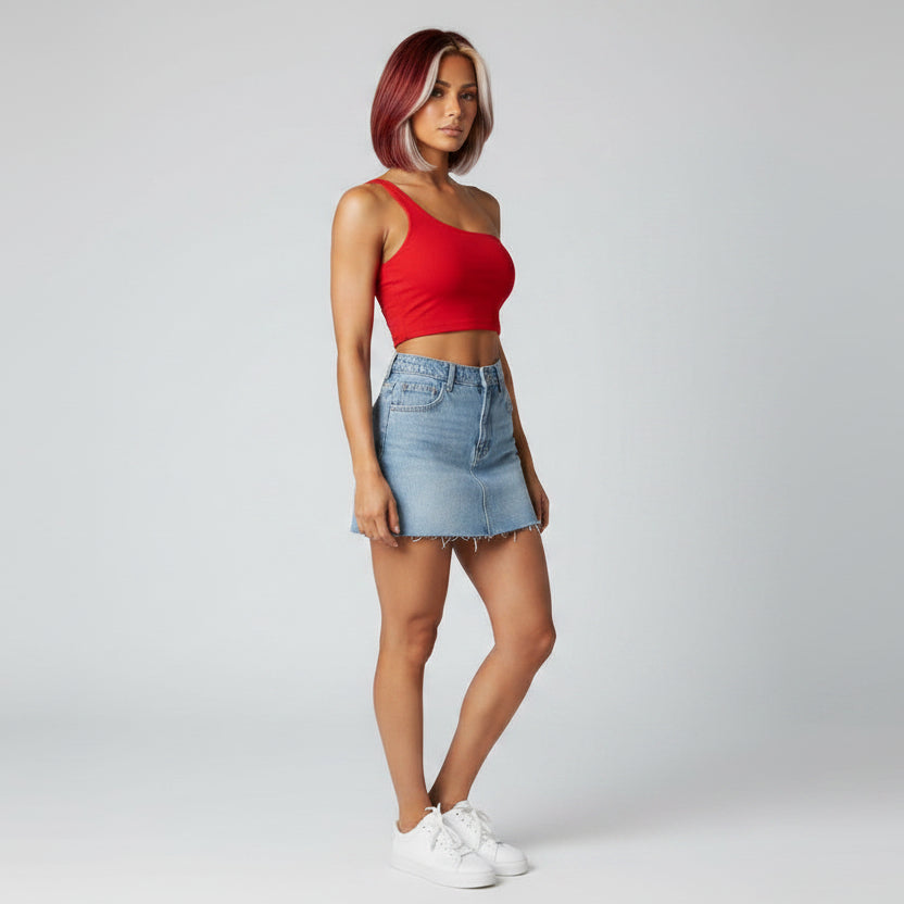Women’s red one shoulder seamless gym top with fitted cropped design - AresFit