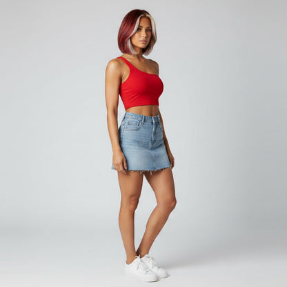 Women’s red one shoulder seamless gym top with fitted cropped design - AresFit
