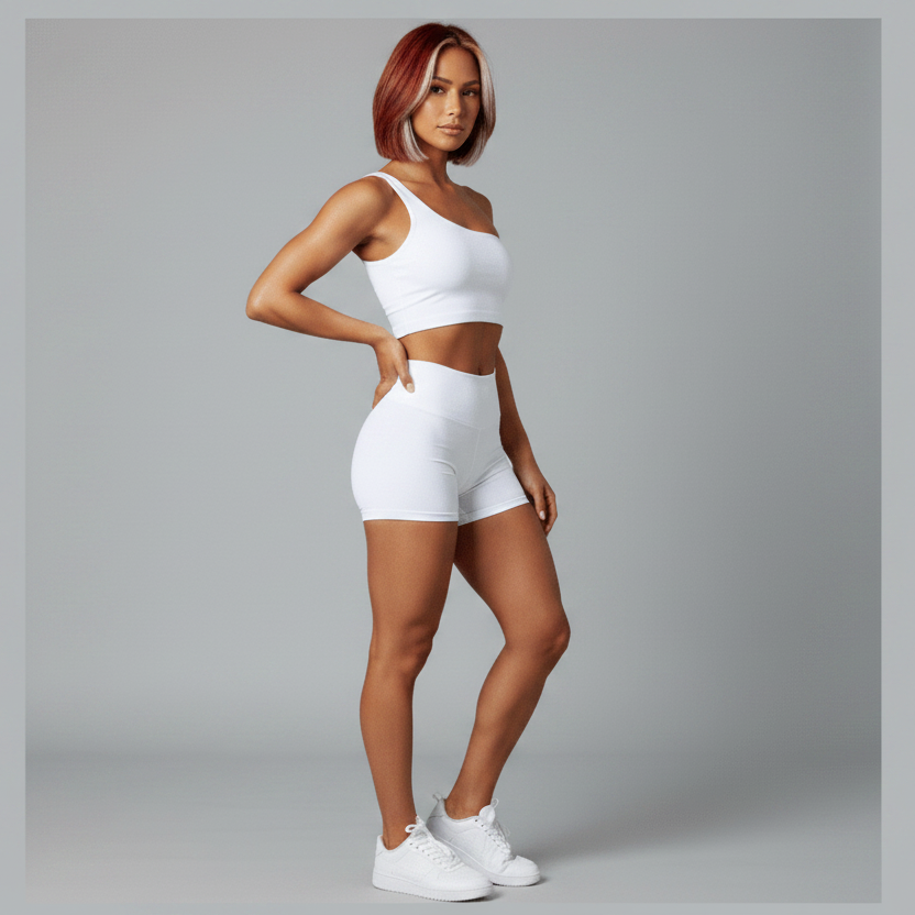 Women’s white one shoulder gym top front view with fitted activewear style - AresFit