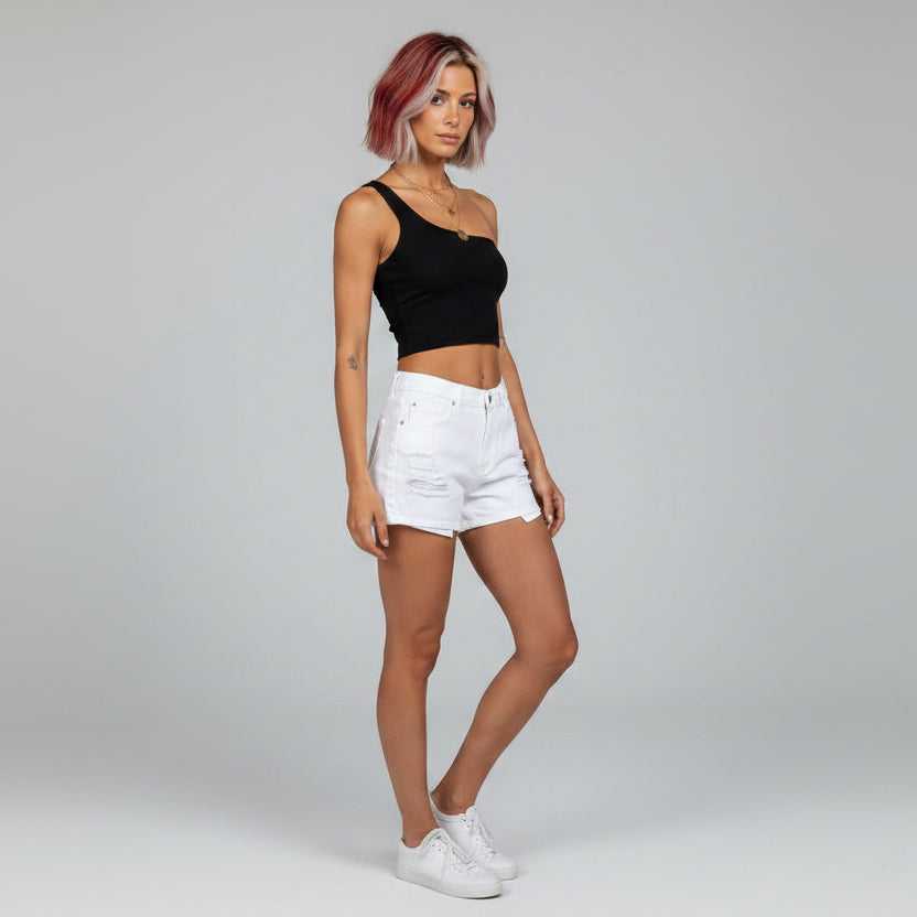 Women’s white one shoulder workout top side profile with seamless stretch fabric - AresFit