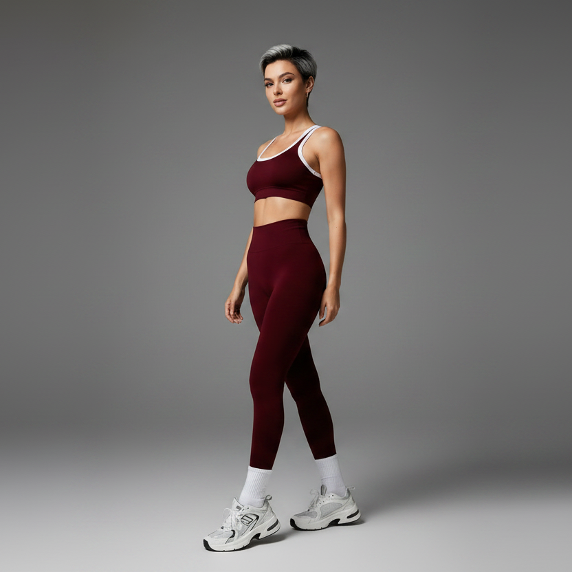 Women’s one shoulder seamless gym set in burgundy - AresFit