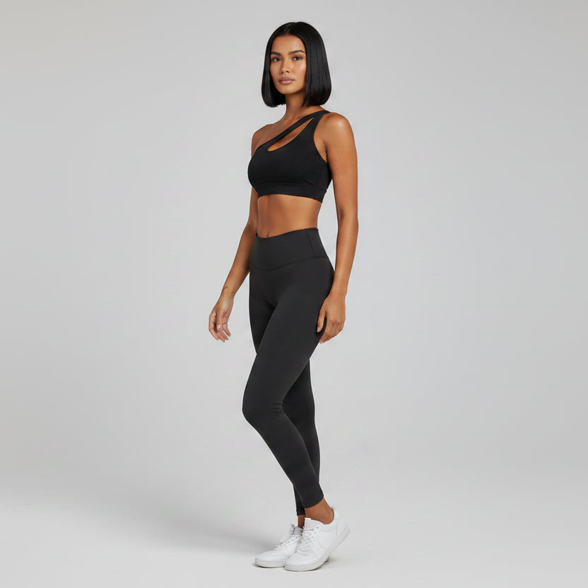 Women’s black one shoulder sports bra for yoga and gym workouts - AresFit