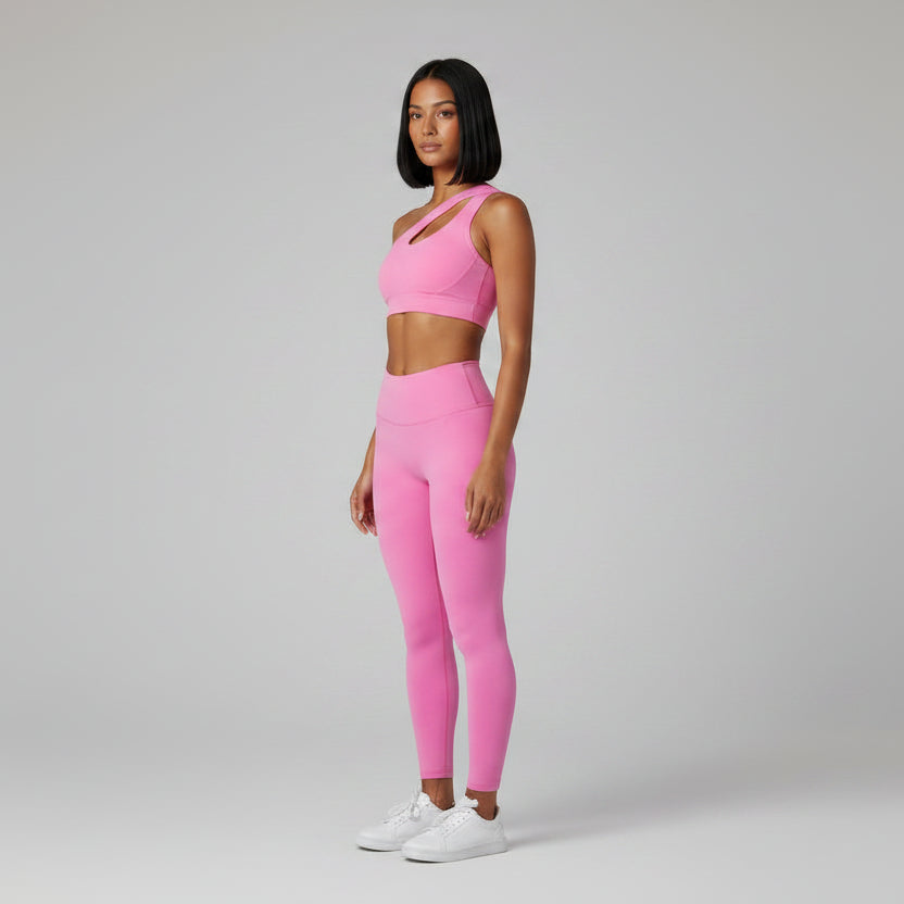 Pink women’s one shoulder gym sports bra with breathable stretch fit - AresFit