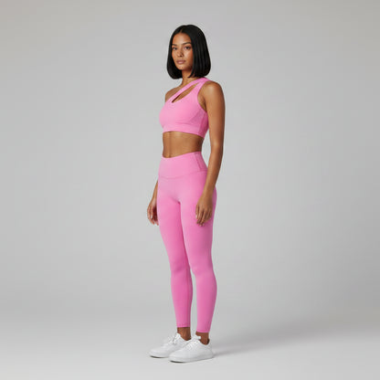 Pink women’s one shoulder gym sports bra with breathable stretch fit - AresFit