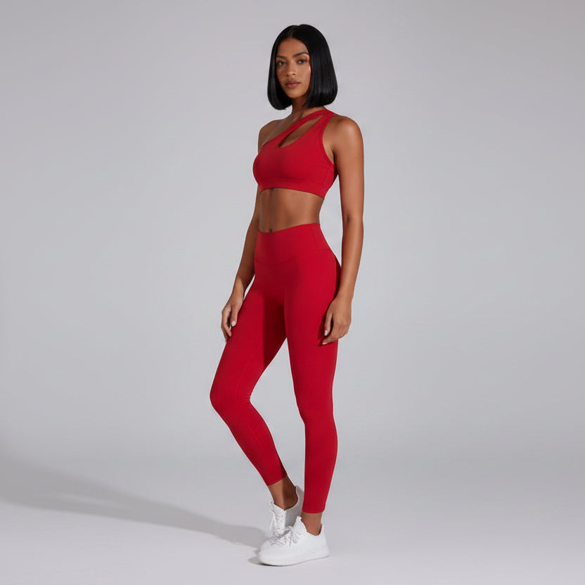 Women’s red one shoulder gym sports bra designed for cardio and training - AresFit