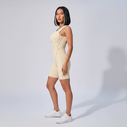 Women’s beige activewear romper with sleek fitted gymwear fit - AresFit