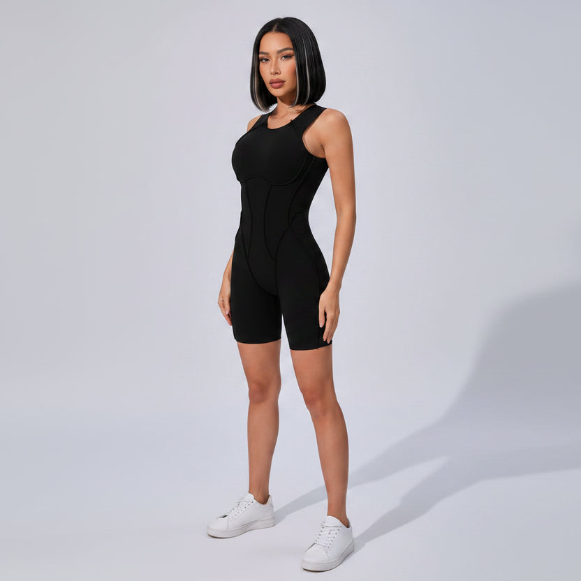 Women’s black sleeveless gym romper with sculpting activewear fit - AresFit