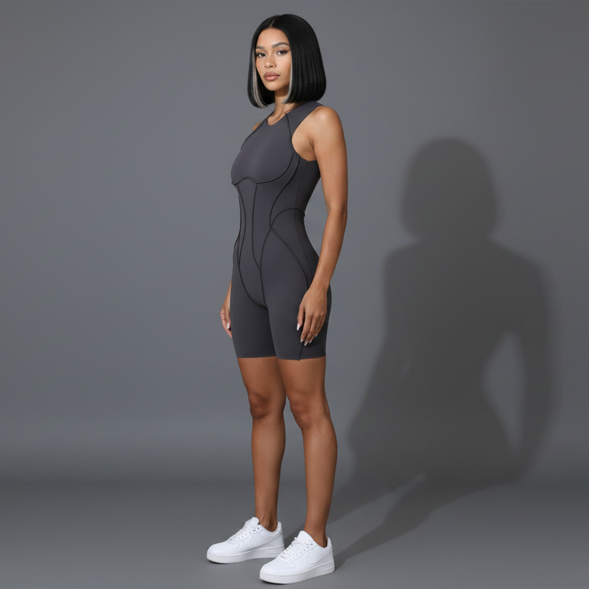 Women’s dark grey fitted gym romper with sleeveless activewear fit - AresFit