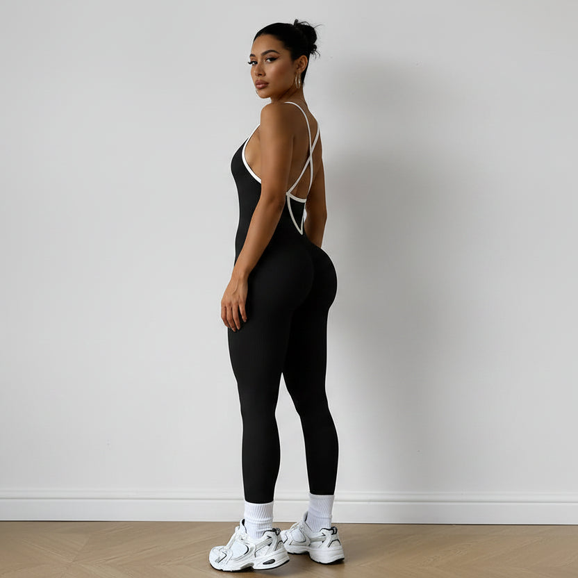 Women’s black activewear unitard with open back silhouette - AresFit