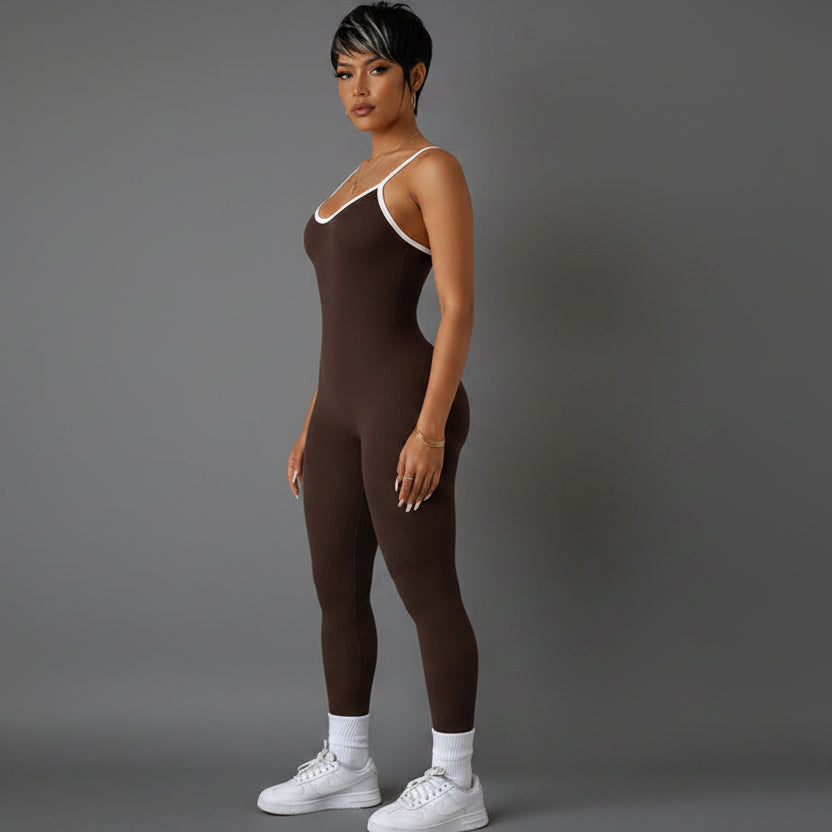 Women’s brown activewear unitard with open back training fit - AresFit