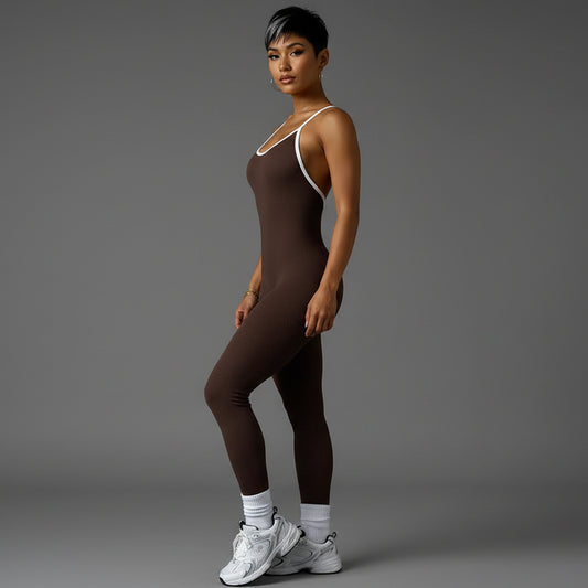 Women’s brown seamless workout unitard with fitted gymwear style - AresFit