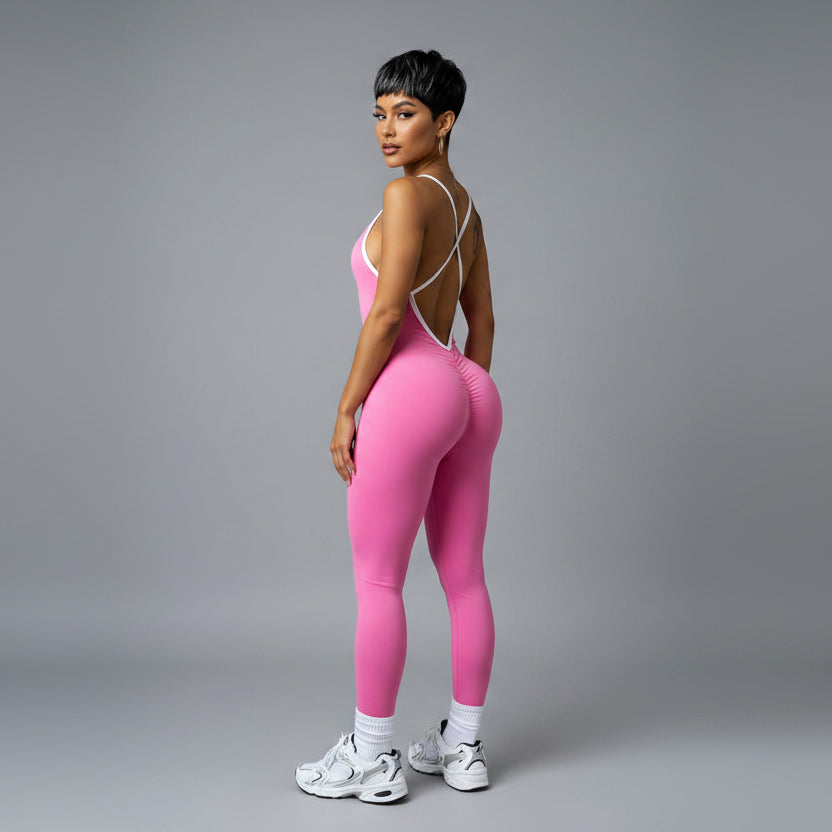 Women’s pink open back gym unitard with sculpting activewear fit - AresFit