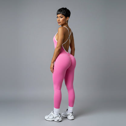 Women’s pink open back gym unitard with sculpting activewear fit - AresFit