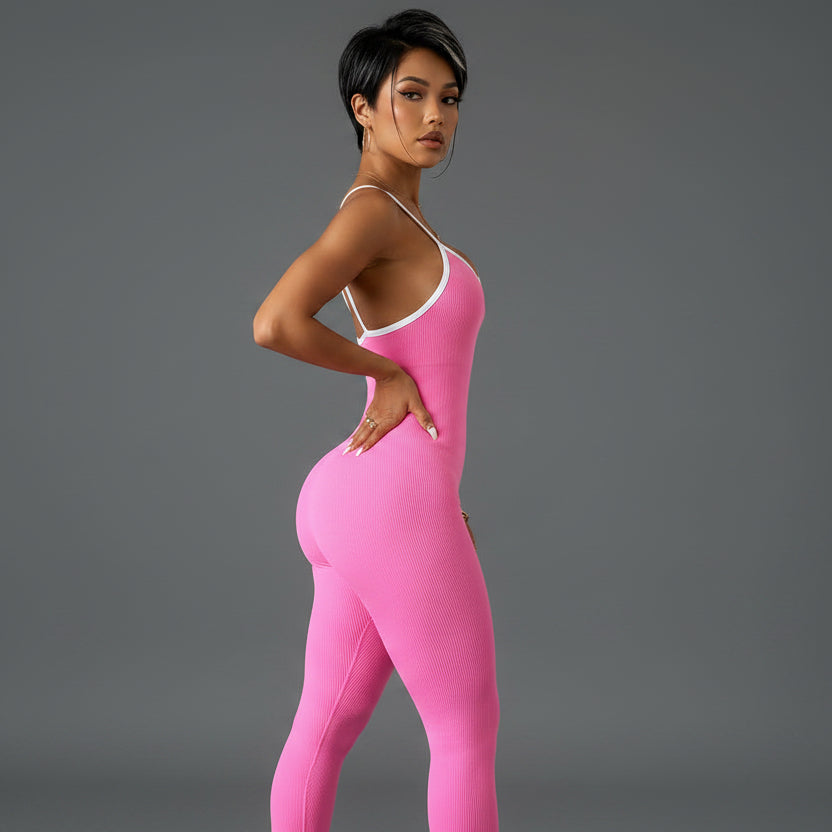 Women’s pink seamless gym unitard with open back design - AresFit
