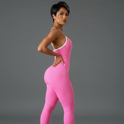 Women’s pink seamless gym unitard with open back design - AresFit
