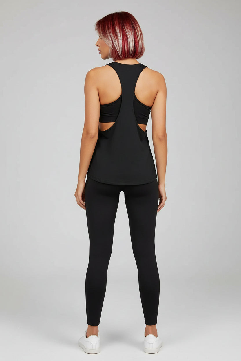 Women’s black sleeveless gym tank back view with open back detail - AresFit