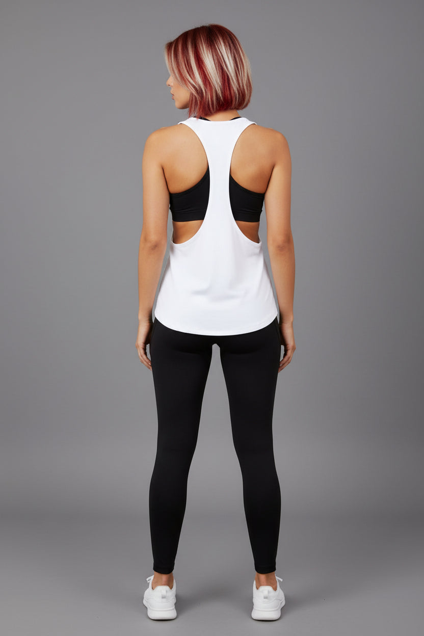 Women’s white gym tank back view with lightweight open back design - AresFit