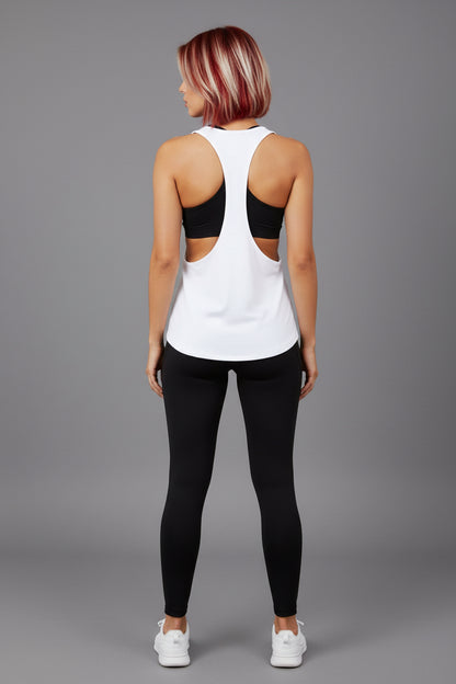 Women’s white gym tank back view with lightweight open back design - AresFit