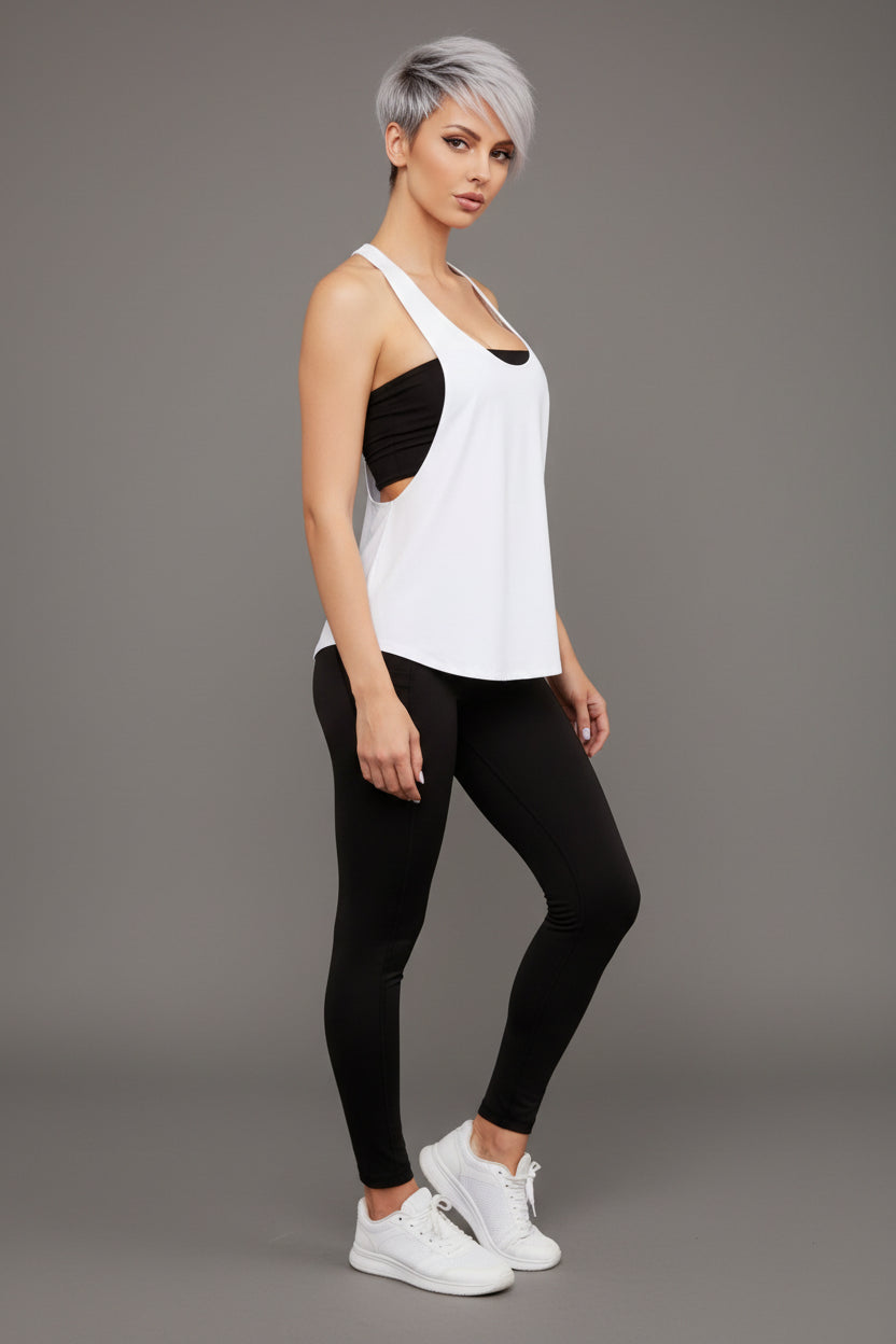 Women’s white quick dry gym tank side profile with breathable workout fit - AresFit