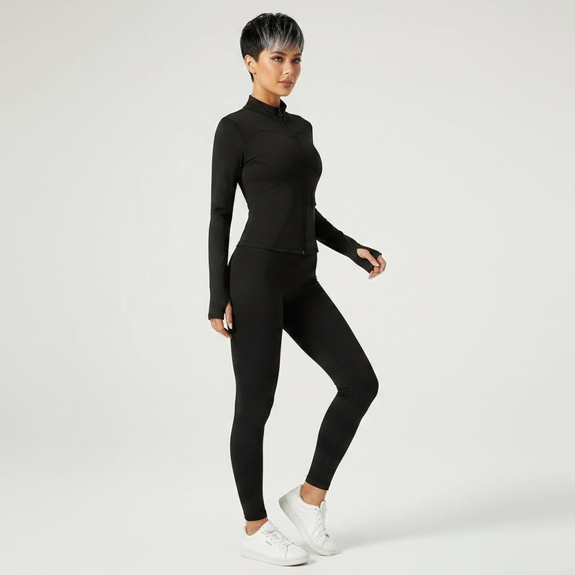 Women’s black zip up workout jacket with fitted gym activewear style - AresFit