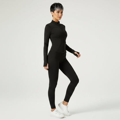 Women’s black zip up workout jacket with fitted gym activewear style - AresFit