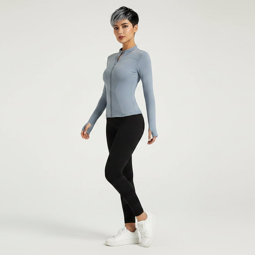 Women’s grey quick dry running jacket with slim fit long sleeve design - AresFit