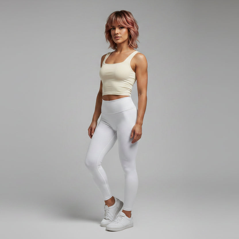 Side view of women’s beige ribbed U neck top with soft stretch fit - AresFit