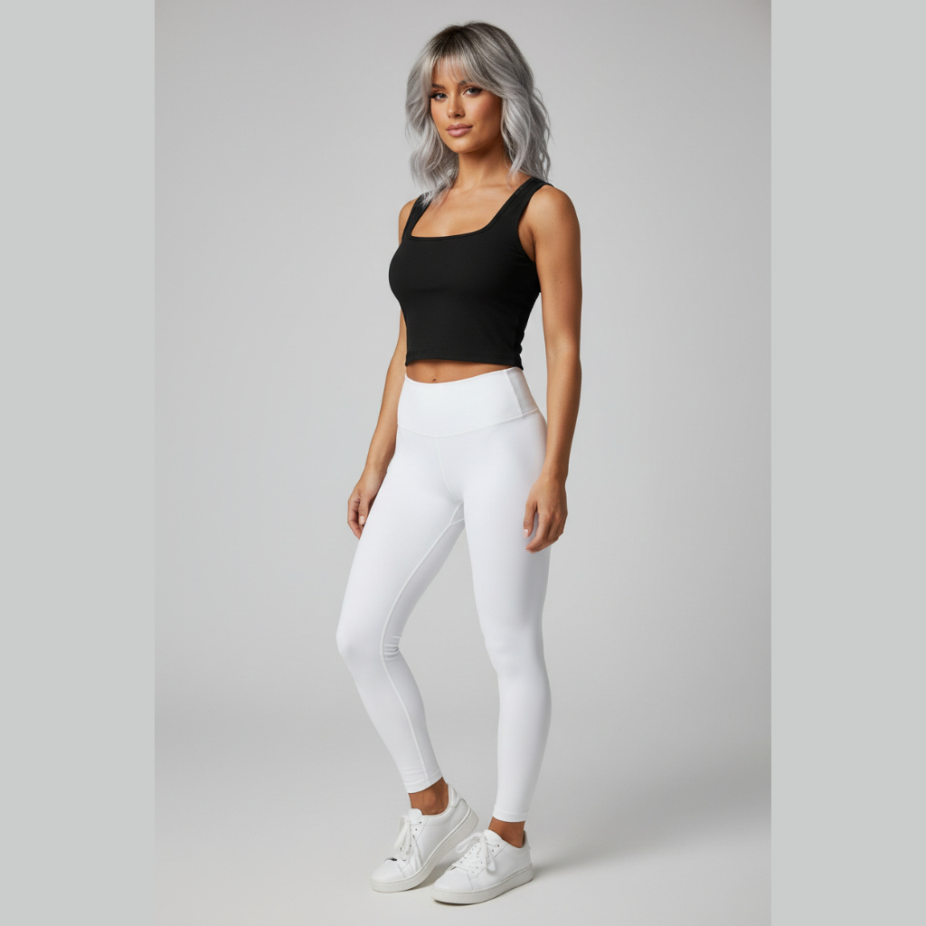 Women’s black ribbed U neck top with fitted activewear style - AresFit
