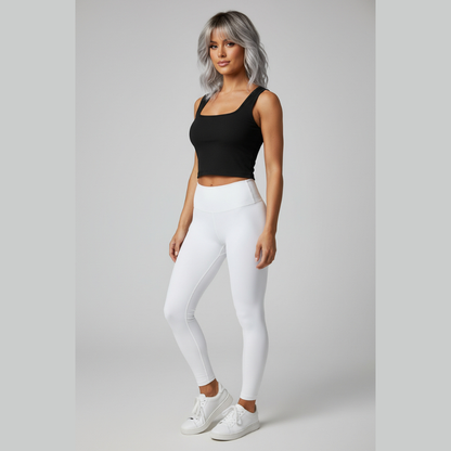 Women’s black ribbed U neck top with fitted activewear style - AresFit