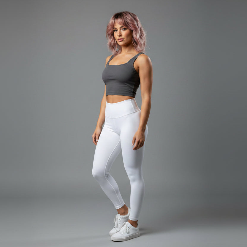 Side view of women’s dark gray ribbed U neck top with fitted activewear fit - AresFit