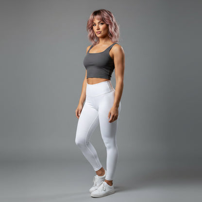 Side view of women’s dark gray ribbed U neck top with fitted activewear fit - AresFit