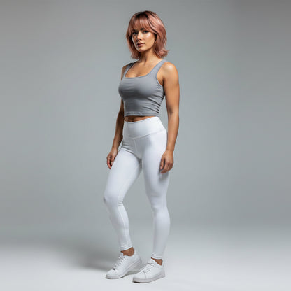 Women’s light gray ribbed U neck top with breathable gym style - AresFit