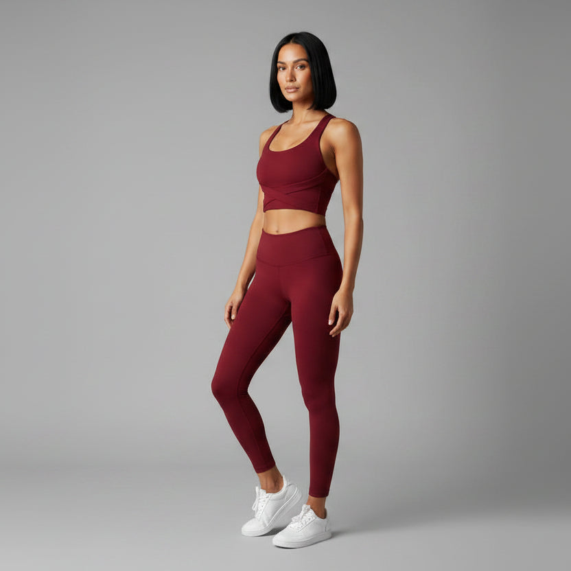 Women’s red gym sports bra front view with seamless stretch fit for activewear - AresFit