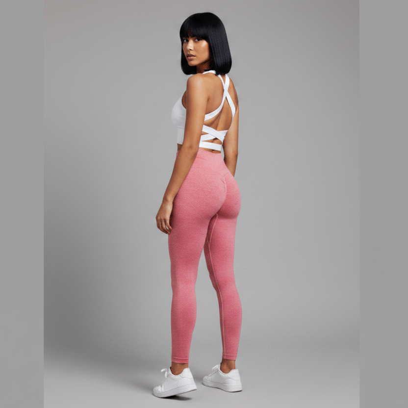 Pink women’s seamless sports bra rear view with cross back support design - AresFit