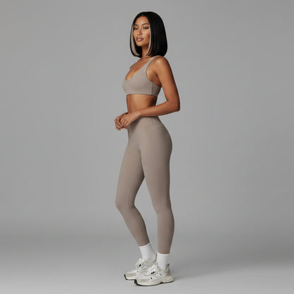 Women’s beige workout set with seamless gymwear silhouette - AresFit