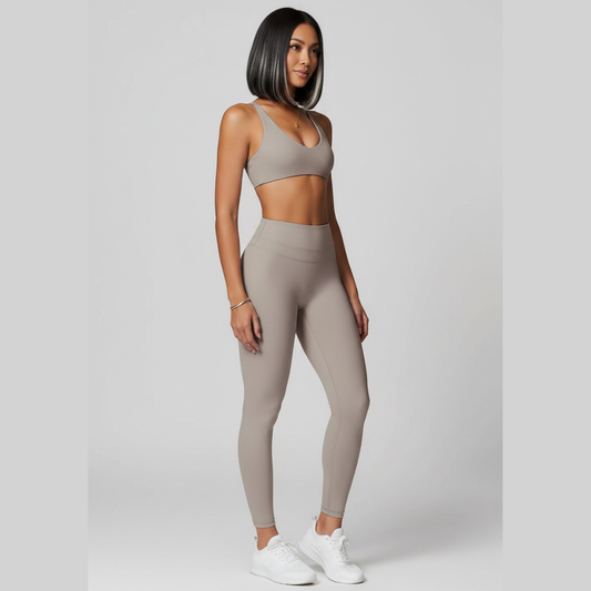 Women’s beige seamless gym set with fitted sports bra and leggings - AresFit