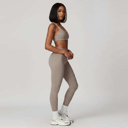 Women’s beige activewear set with sculpting leggings fit - AresFit