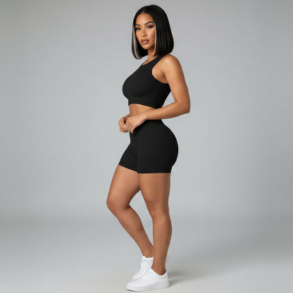 Women’s black gym shorts set with supportive sports bra fit - AresFit