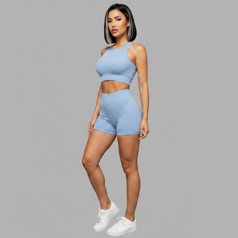 Women’s sky blue seamless gym set with fitted sports bra and shorts - AresFit