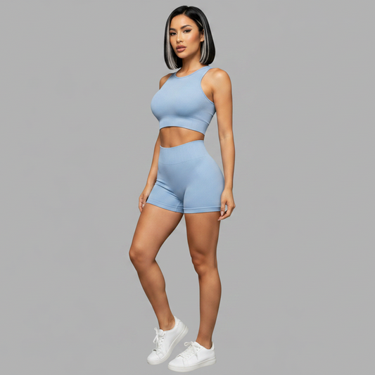 Women’s sky blue seamless gym set with fitted sports bra and shorts - AresFit