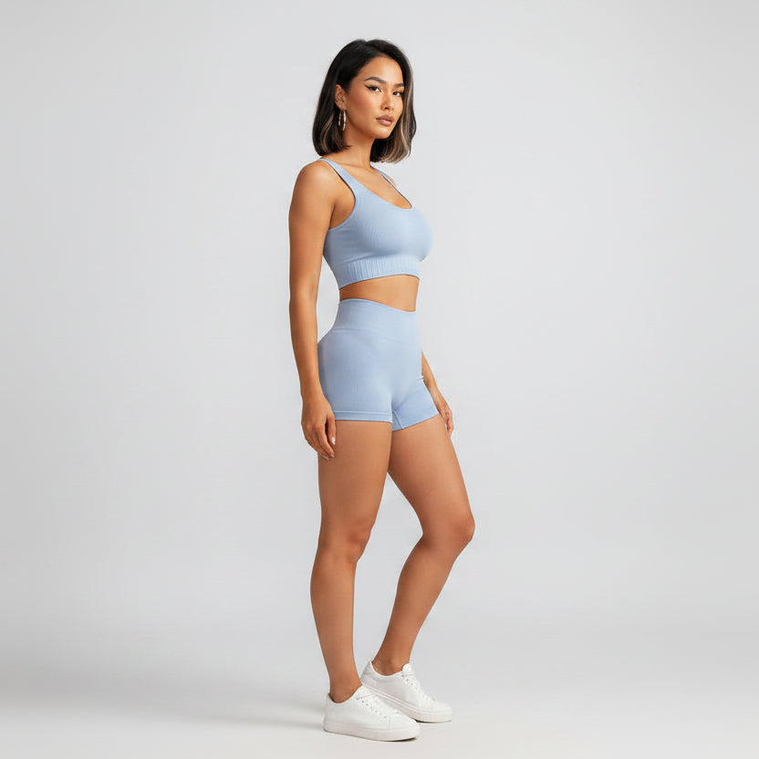 Women’s sky blue fitted gym set with seamless activewear fit - AresFit