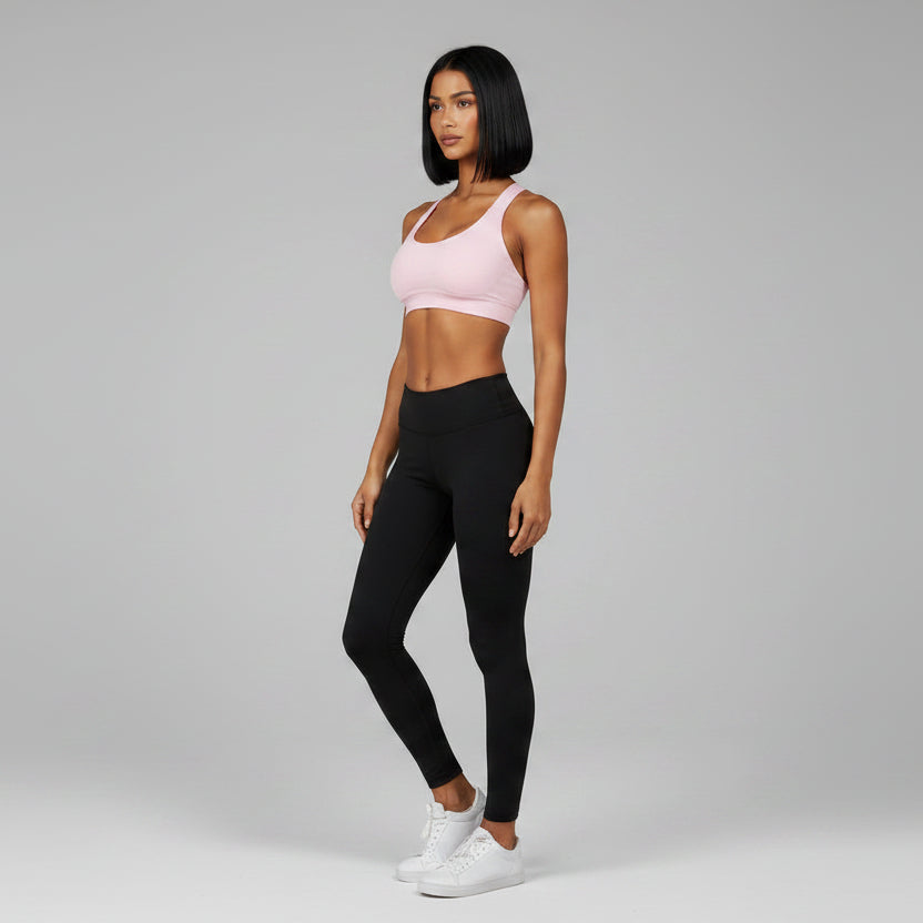 Black women’s seamless halter sports bra front view for gym and fitness workouts - AresFit