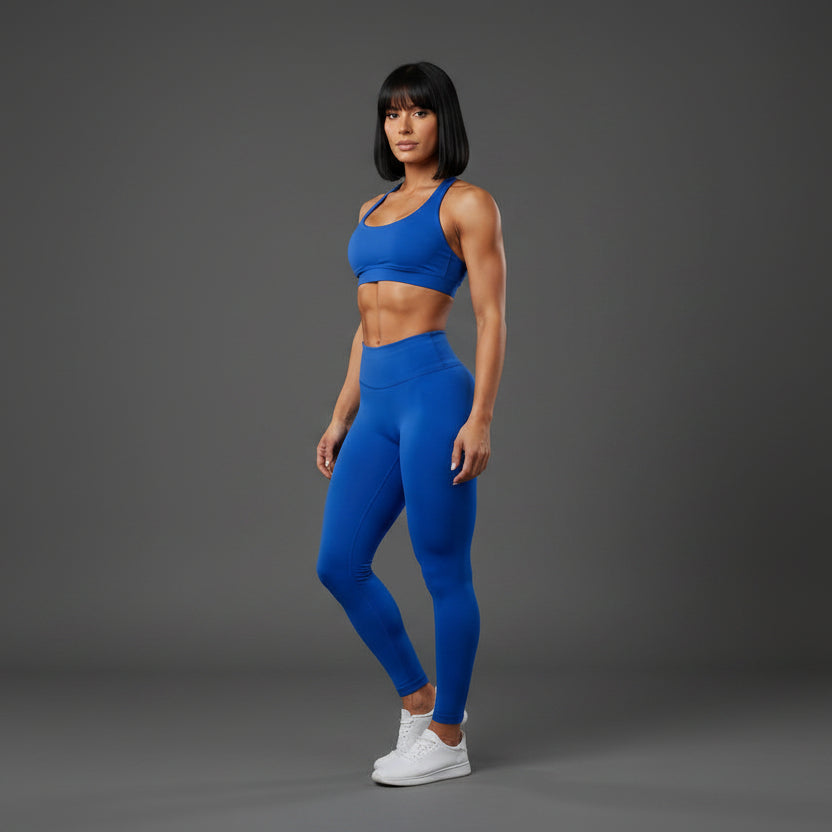 Blue and black women’s seamless halter sports bra front view for activewear training - AresFit
