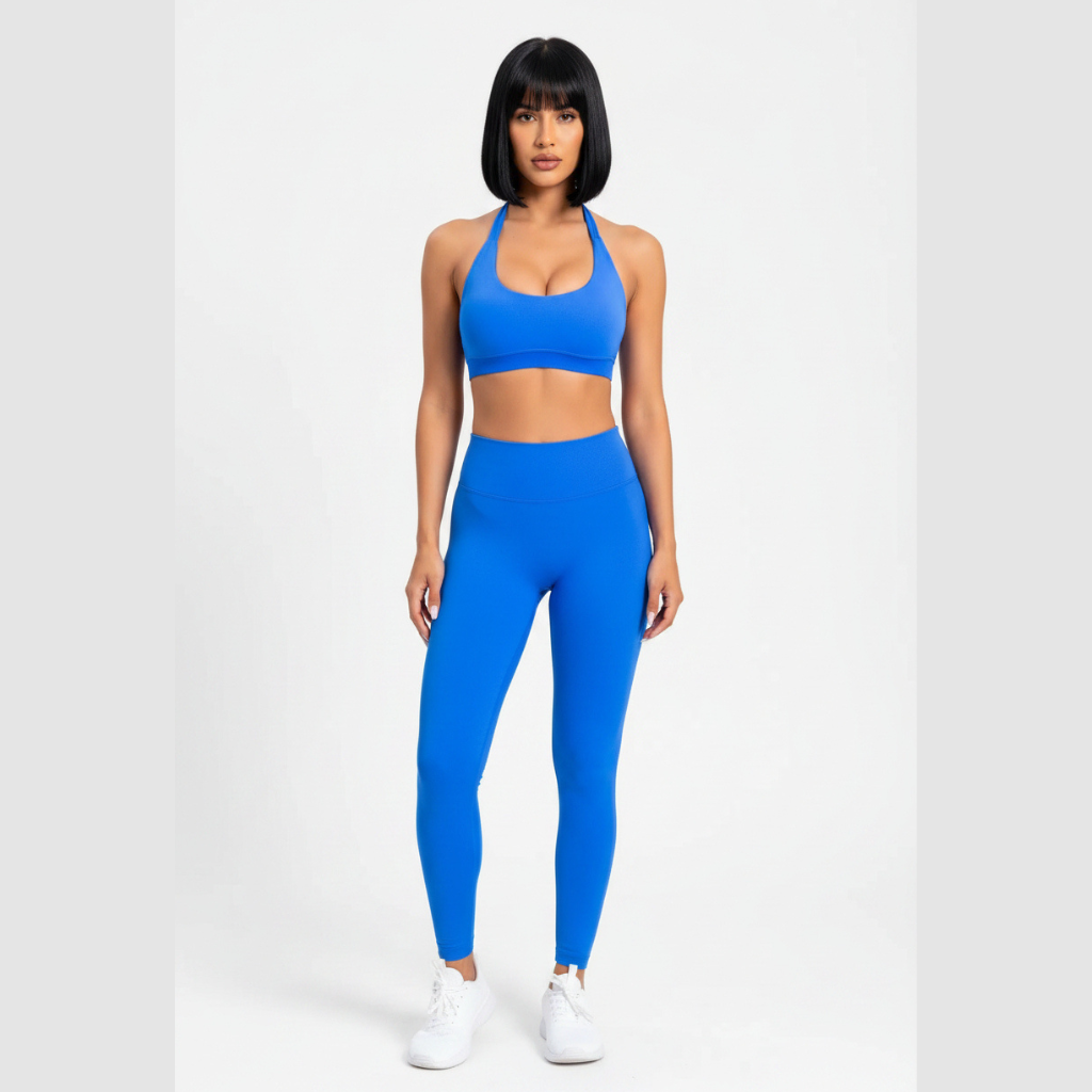 Women’s blue seamless halter sports bra front view for gym and cardio workouts - AresFit